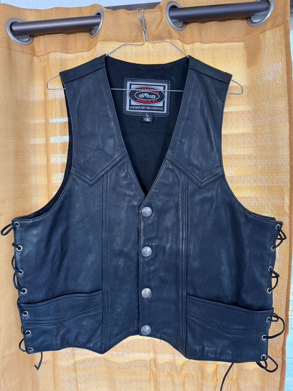 Men's Black Leather Motorcycle Vest with Side Lacing